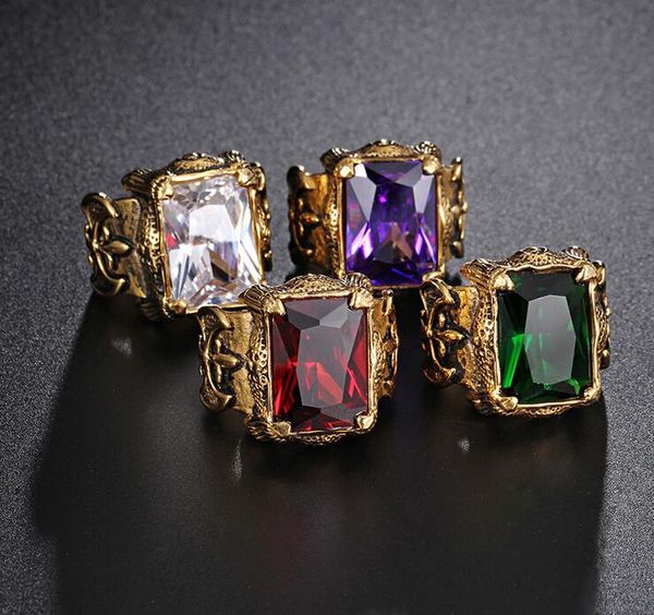 Punk rock masculino ouro gótico gótico gótico dragão garra anel ring faixa verde cz zircon cristal de aço inoxidável moda de dedo anel de dedo jóias