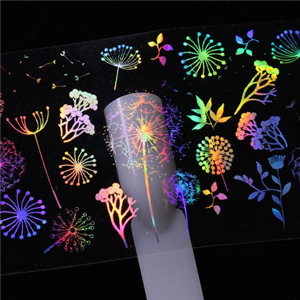 10 Pcs 4*20cm Holographic Nail Foil Rose Panda Butterfly Dandelion Fire Flower Pattern Nail Art Transfer Sticker