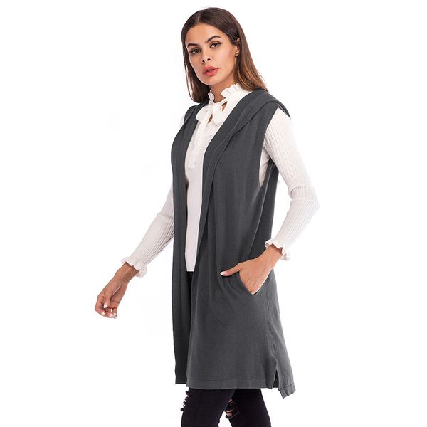 

women vest long style winter europe solid color sleeveless cardigan knitted hooded elegant women waistcoat chalecos para mujer, Black;white