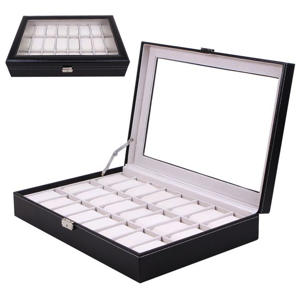 

ot01 2016 watch box black 2 to 24 grid leather watch box display case storage organizer holder, Black;blue