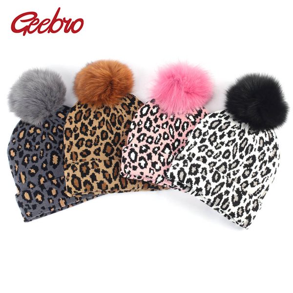 

geebro women's leopard beanie hat with fur pompom winter warm leopard slouchy beanies with real fur pompon femme skullies, Blue;gray