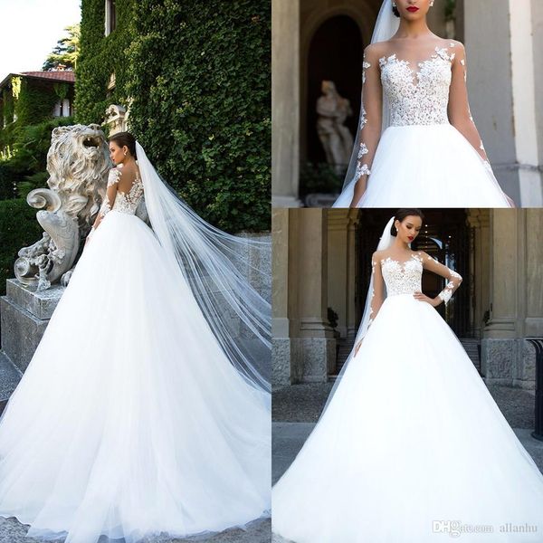 

ball gown a-line long sleeve lace wedding dresses appliques beaded beach church bridal wedding gowns custo made, White