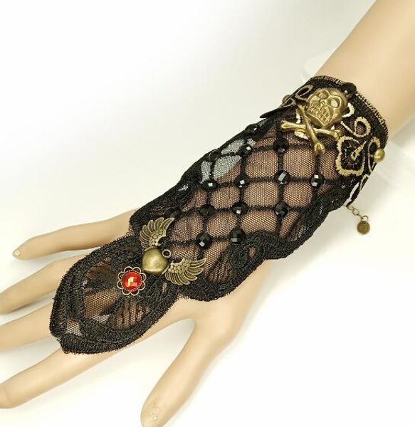 

new halloween collection vintage hand decorated skull wings black lace lady bracelet stylish classic elegance, Golden;silver