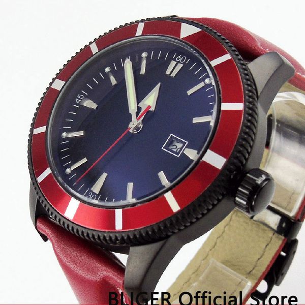 

bliger fashion 46mm black sterile dial red rotating bezel silver marks black pvd case miyota automatic movement men's watch b128, Slivery;brown