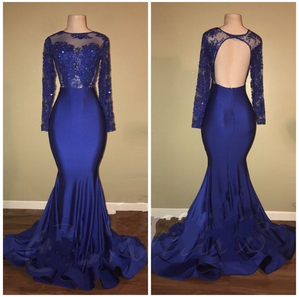 

2018 pink navy blue sequined prom dresses lace applique sheer neck beaded long sleeves backless sweep train formal evening party wear, Black;red