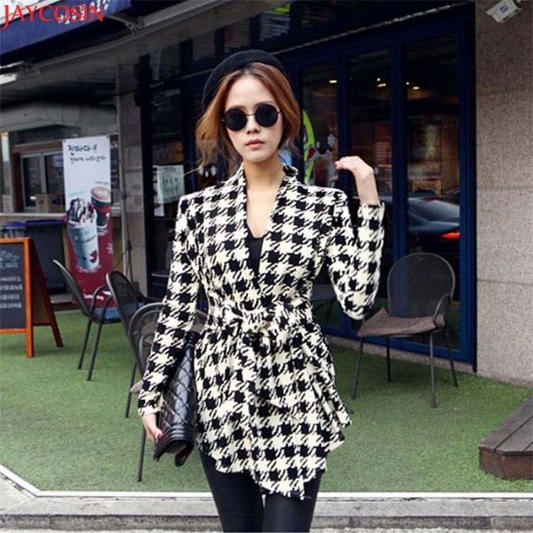 

women jacket women basic coats plus size korean womens houndstooth pattern thin cardigan coat jacket outwear tj, Black;brown