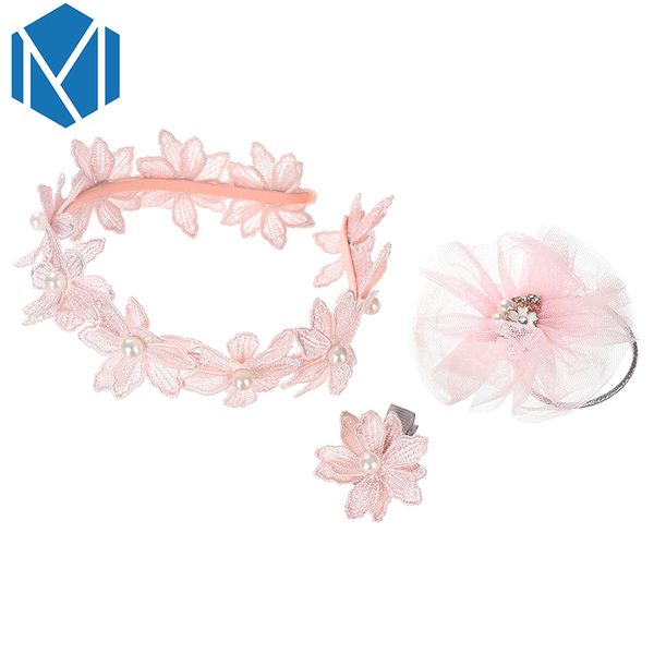 

m mism 3pcs/set girls flower princess hair bands accessories pearl embroidery hair clip mesh elastic rubber bands scrunchy, Slivery;white