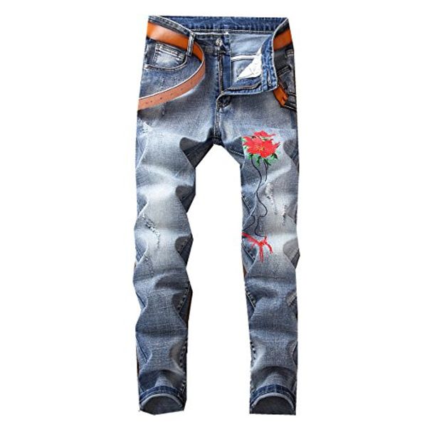 

new men embroidery plum blossom light blue hole elastic skinny jeans