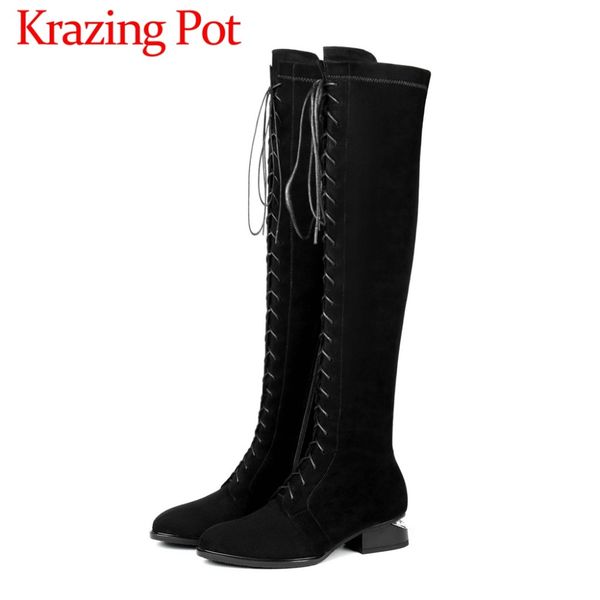 

2018 plus size aipper black color nightclub streetwear low chunky heels round toe knight boots stretch thigh high boots l10
