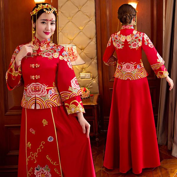 

ancient marriage costume the bride clothing gown traditional chinese wedding dress womens cheongsam embroidery phoenix red qipao