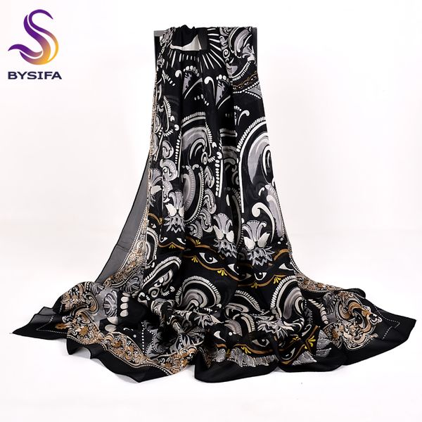 

black white gold silk scarf shawl women fashion 100% silk winter long scarves wraps summer brand large beach cover-ups 180*110cm, Blue;gray