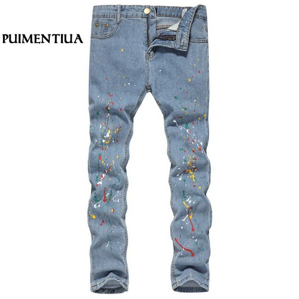 

puimentiua mid waist pencil jeans cowboy pants man tight jeans for men denim skinny male trousers calca masculina, Blue