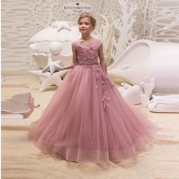 

2019 пыльный розовый - Line аппликация длинный тюль цветок девушки платья V обратно кр