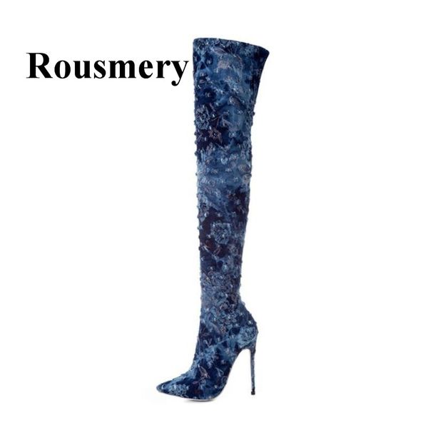 

st sales dark blue pointrd toe and thin high heel mixed color side zipper winter plus velvet fashion women long boots, Black