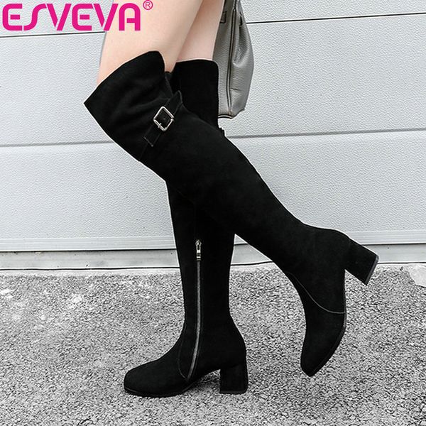 

esveva 2019 shoes women short plush cow suede over the knee boots square toe square high heels winter boots for woman size 34-39, Black