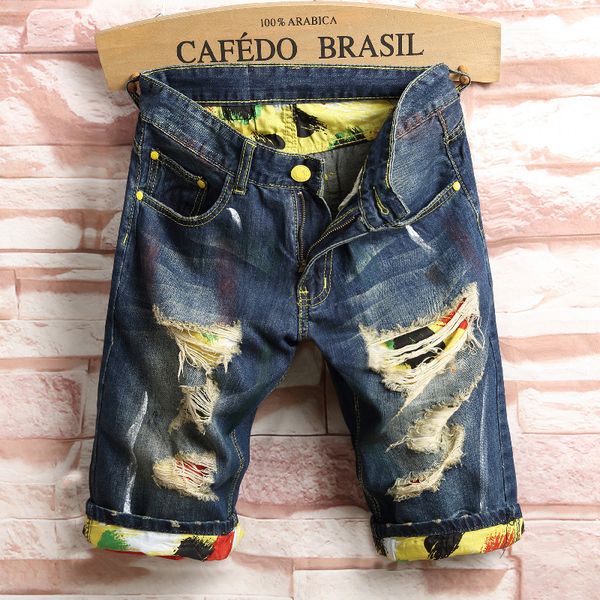 

2017 summer distressed washed men's straight leg type jeans casual new slim young men's denim shorts, Blue