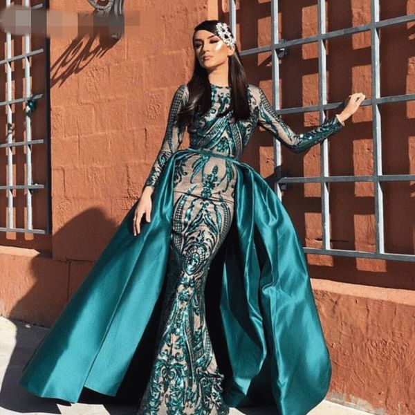 

2019 custom made robe de soiree detachable skirt evening dresses long sleeve green formal dress women elegant evening gown, Black;red