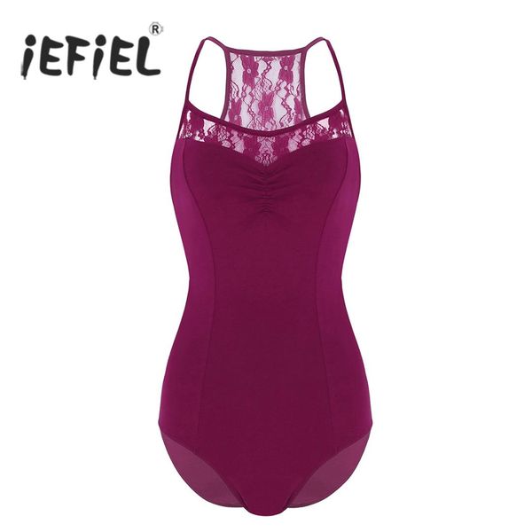 

womens ballet spaghetti straps lace floral criss cross built in shelf bra leotard gymnastics bodysuit ballet dancewear, Black;red