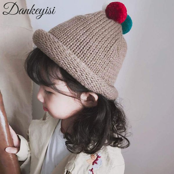 

dankeyisi new 2018 children caps winter warm wool hats kids beanie knitted cap with colorful balls edge rolled boy girls hat