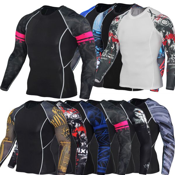 

S-4XL Men Man Stretch Tight Bodybuilding Compression Long Sleeve Fitness Clothing Workout Running Training Shirt Gym T-Shirt Top