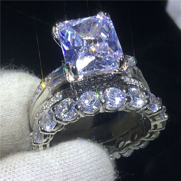 Anello classico a forma di Torre Eiffel con set di anelli in argento sterling 925 con pietra 8ct 5A Cz Anello di fidanzamento con fede nuziale per gioielli da sposa da donna