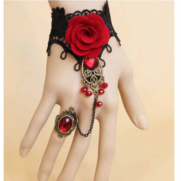

popular vintage lace red rose metal bracelet for women accessories charm bracelets for girl night club party jewelry, Silver