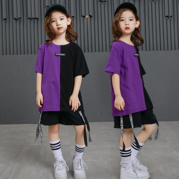 

kids loose ballroom jazz hip hop dance wear competition costumes t shirt pants girl boys clothing outfits dancing suits, Black;red