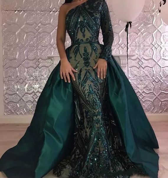 Verde oliva Mermaid Dresses Prom 2020 Sexy de um ombro mangas compridas vestido de noite desgaste cetim Sparkly Sequins Ocasiões especiais Vestido