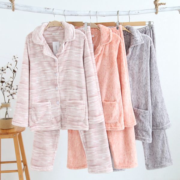 

pajamas women set flannel thickened warm comfortable long sleeved trousers home wear ing, Blue;gray