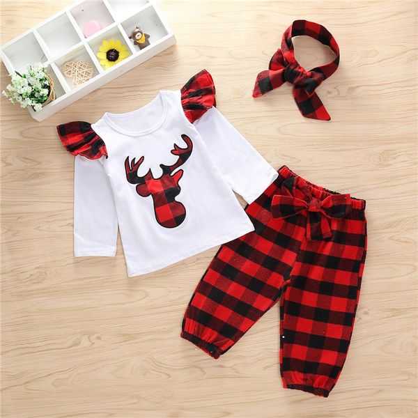 2018 Neugeborenen Baby Mädchen Kleidung 3 stücke Outfits Set T-shirt Tops + Rot Karierten Hosen + Stirnband Kleinkind Kleinkind baby Mädchen Kleidung Kinder Kleidung