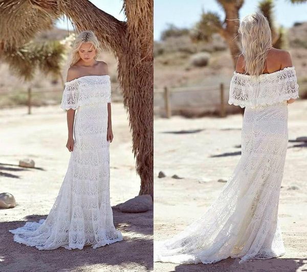

2018 bohemia full lace off shoulder wedding dresses boho short sleeves beach bridal gowns country style bride dress vestido de novia cheap, White