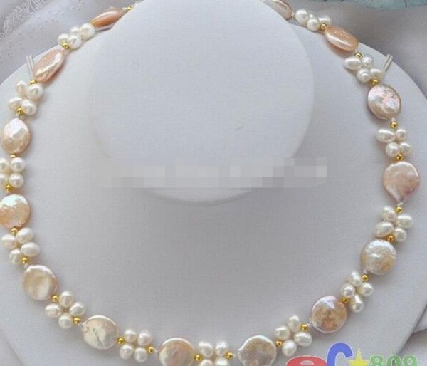 

ll<<<17" 14mm pink coin white rice freshwater pearl necklace, Silver