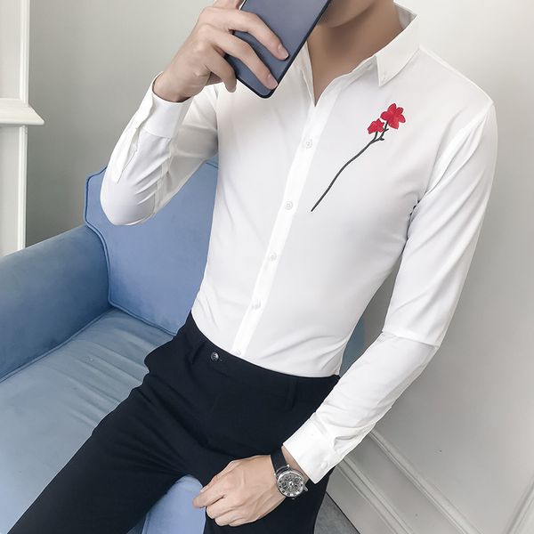 

plus size tuxedo shirt men british style embroidery slim fit men's social shirts long sleeve all match young man dress shirts, White;black