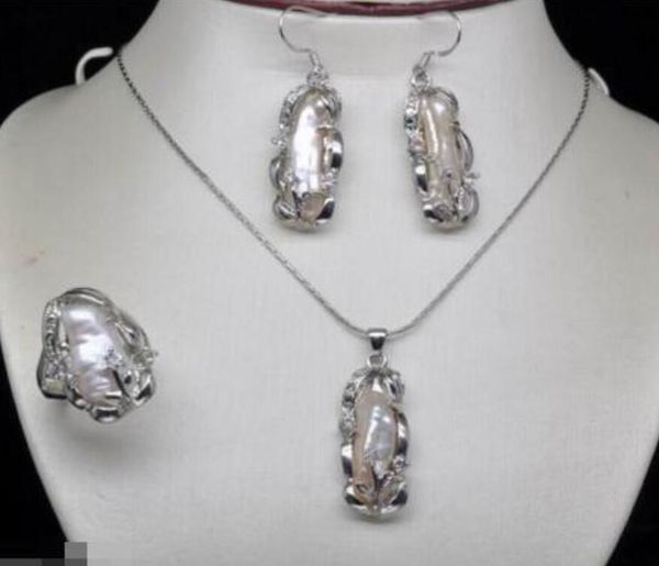 

fashion natural white biwa pearl pendant necklace earring ring sets, Black