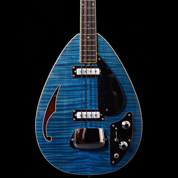 Rare 4 Strings Trans Blue Flame Maple Top Tear Drop Vox Plantom Basso elettrico Semi Hollow Body, Foro singolo F, Chrome Tailpiece copertina