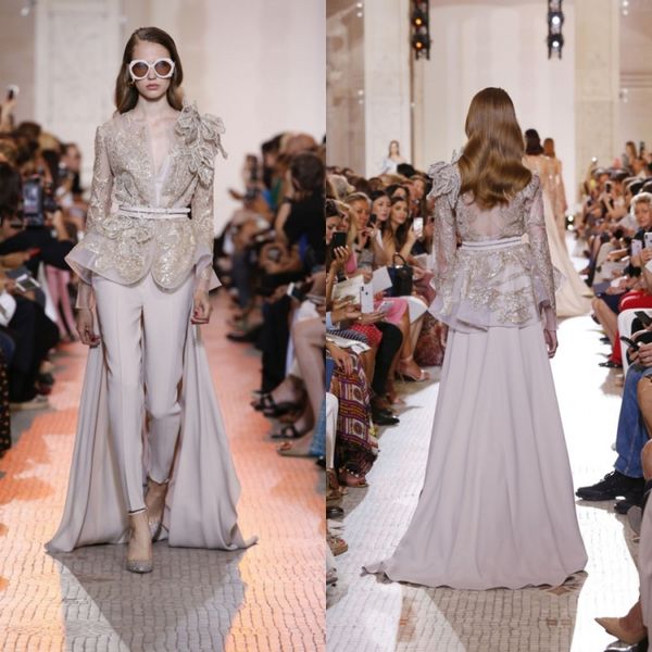 

elegant eliesaab 2019 jumpsuit prom dresses long sleeve sequined crystal formal evening gowns sweep train runway party dress custom, Black