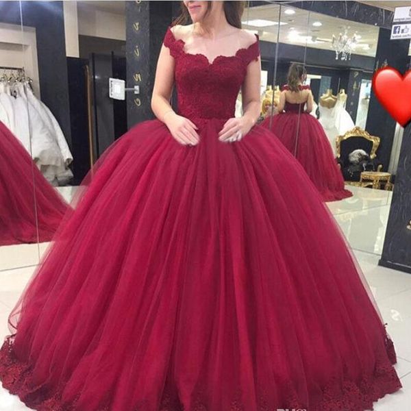 

vestido de 15 anos 2018 burgundy sweet 16 dresses v neck lace applique tulle ball gown quinceanera dress prom evening pageant wear cheap, Blue;red