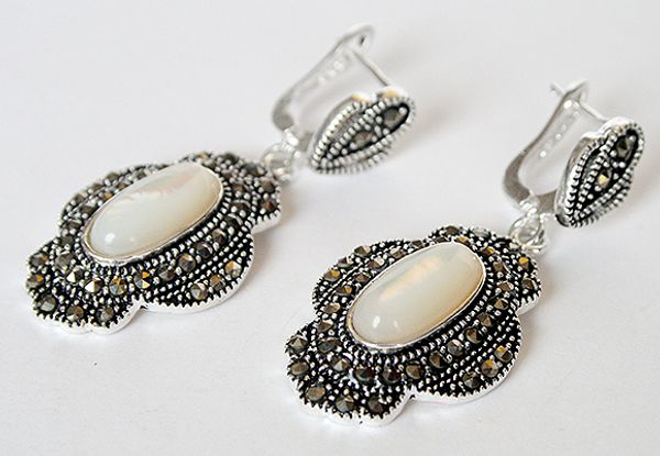 

vintage natural white shell 925 silver&marcasite earrings 11/2" valentine's gift, Golden;silver