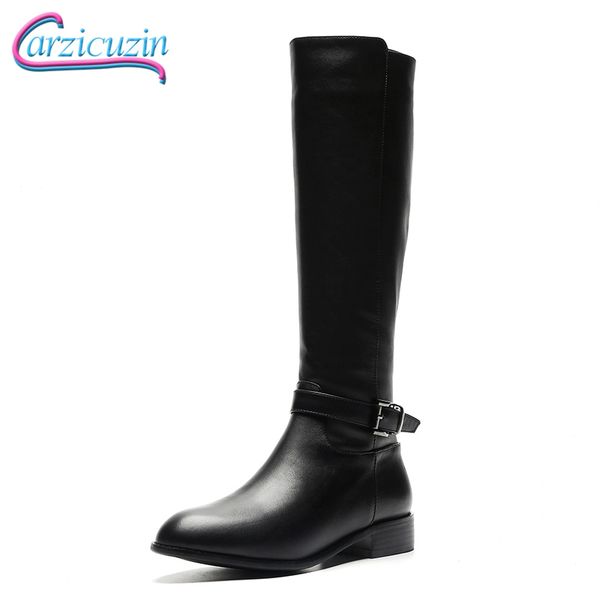 

carzicuzin women winter fur flats boots genuine leather women's shoes fashion zipper keep warm knight knee high boots size 34-42, Black