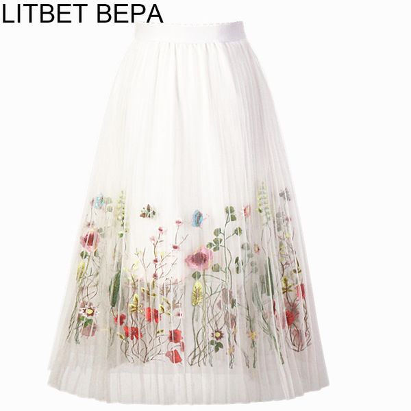 

2017 new puff women mesh tulle long skirt fashion vintage pleated floral embroidery elegant female mid-calf tutu skirts sp043, Black