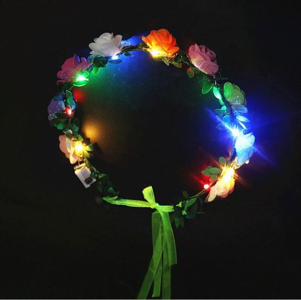 LED Noiva Mulheres Flor Coroa Faixa de Cabelo Casamento Floral Headband Garland Festival Fita Arco Flor Grinalda Cocar