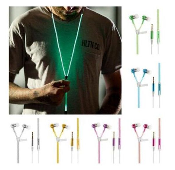 

headphones wired earphones luminous glow light metal zipper earphone glow in the dark mobile phone headset with mic for iphone samsung lg