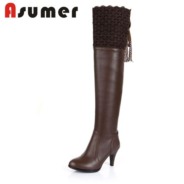

asumer 2018 new bud silk over the knee boots solid women winter boots pointed toe zipper pu+genuine leather, Black
