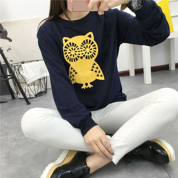 

women girls loose cartoon big owl kawaii cool long sleeve t shirt blouse, Tan;black