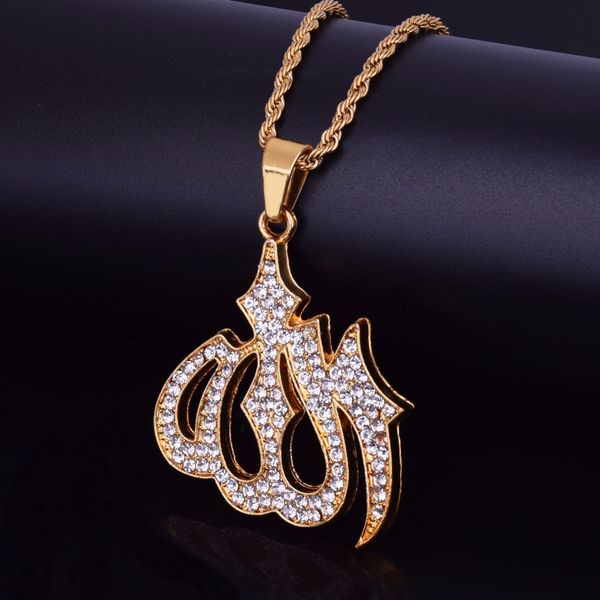 

Religious Muslim Jewelry Hip Hop Style Gold Color Bling Crystal Islamic Necklaces & Pendants For Men/Women