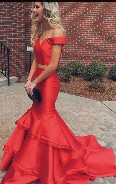 

2018 new two pieces evening dresses wear off shoulder red mermaid tiered ruffles plus size long party plus size prom gowns vestido, Black;red