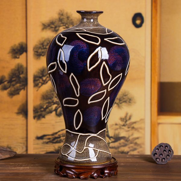 Jingdezhen Ceramics Antique Creative Kiln Vase Chinese Classical Livingroom Home Porcelain Crafts Decoration Office Ornaments Tall Purple Floor Vases