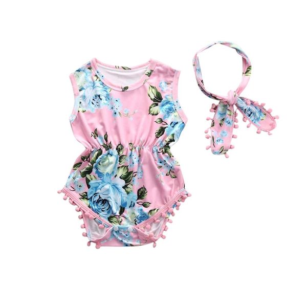 

new cotton summer ruffled floral baby girl clothes headband set, sleeveless toddler girl romper pgraphy props, Blue