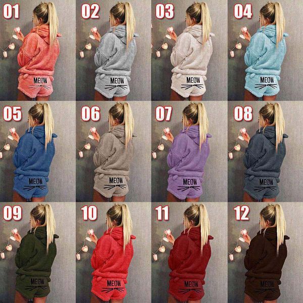 

Women Coral Velvet Suit Two Piece Autumn Winter Pajamas Warm Sleepwear Cute Cat Meow Pattern Hoodies Shorts Pants Set