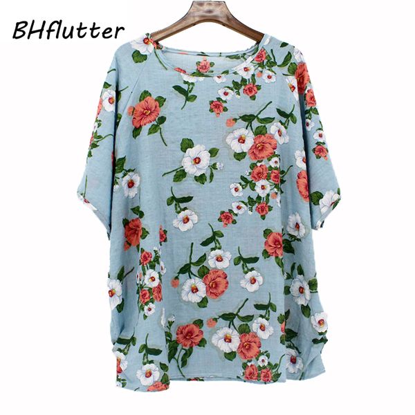 

bhflutter women blouses new style 2018 boho batwing casual cotton linen blouse shirt ladies floral print summer plus size, White